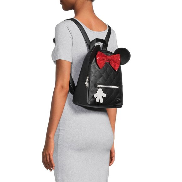 NWT Disney Minnie Mouse Quilted Mini Backpack Black Red Bow Vegan Leather NEW - Picture 6 of 15